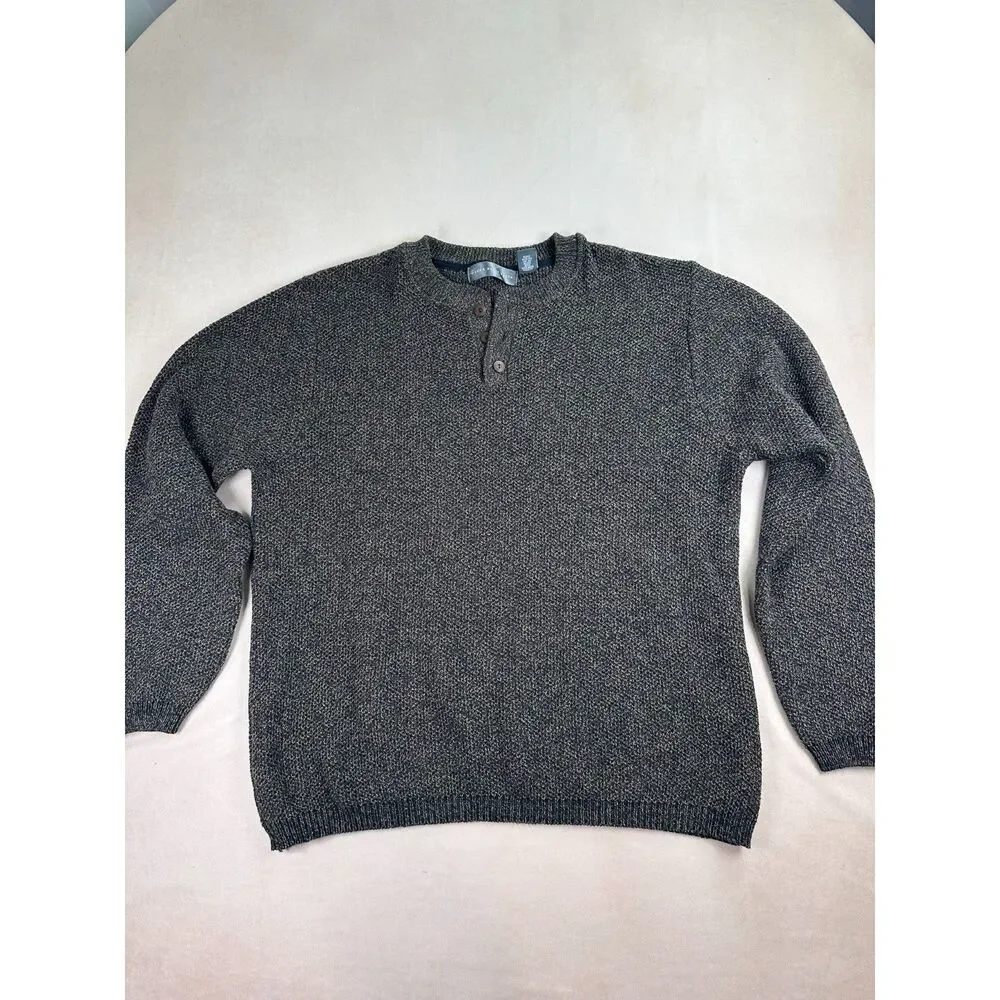Oscar de la Renta Sweater Mens L Made USA Henley 3 Button Cotton Knit Brown 90s